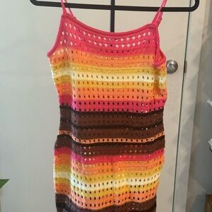 Source Unknown Striped Crochet Asymmetrical Dress in Pink, Yellow, Orange, Brown